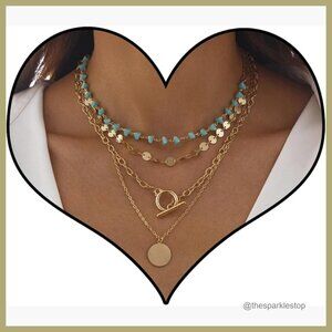 Gold Layered Necklaces Western Boho Turquoise Beaded Choker